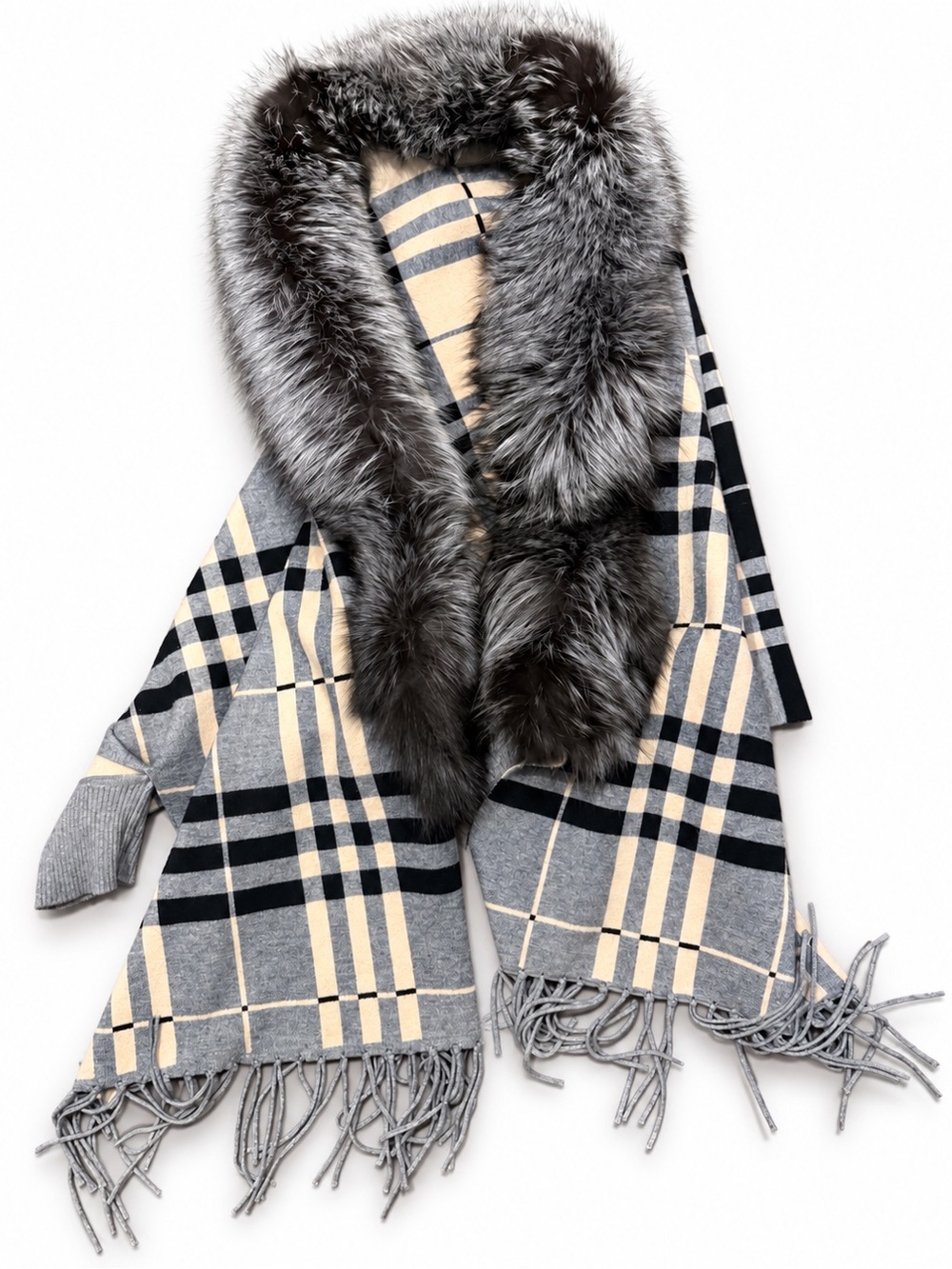 Gray fox Fur-Trim Shawl Scarf -